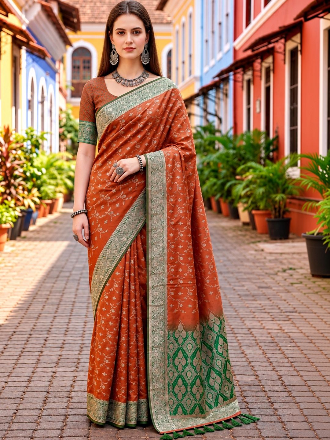 SANGAM PRINTS Woven Design Zari Satin Tussar Saree-picture-24