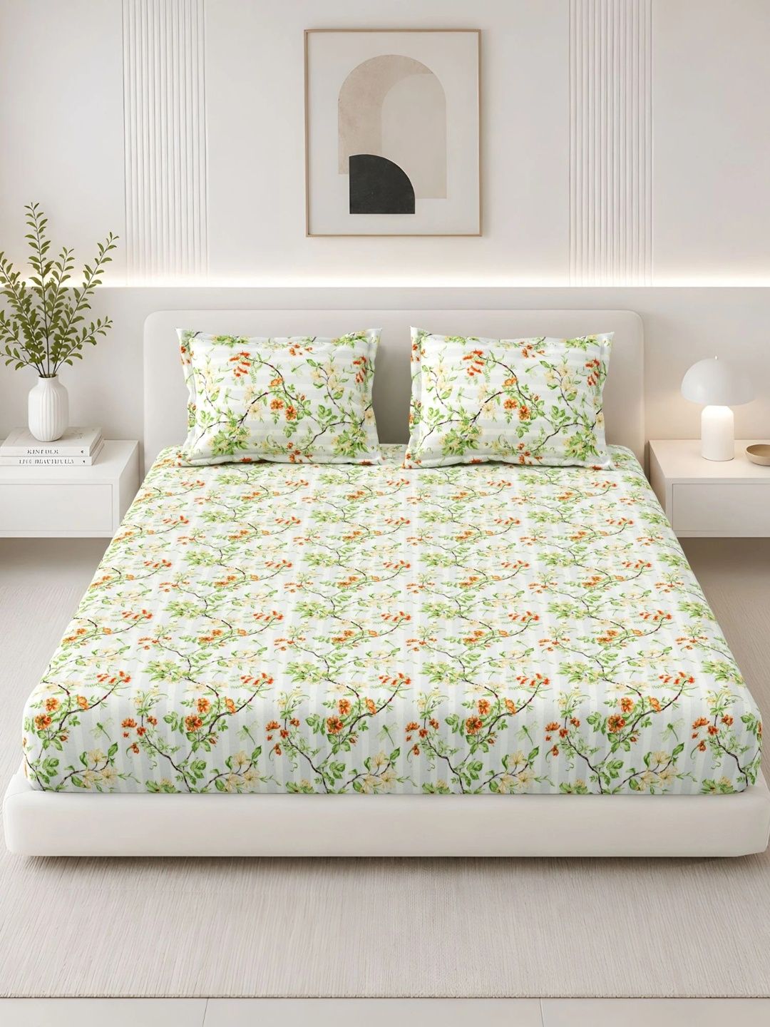 Homeful Style Green Floral 120 TC King Bedsheet with 2 Pillow Covers-image-11