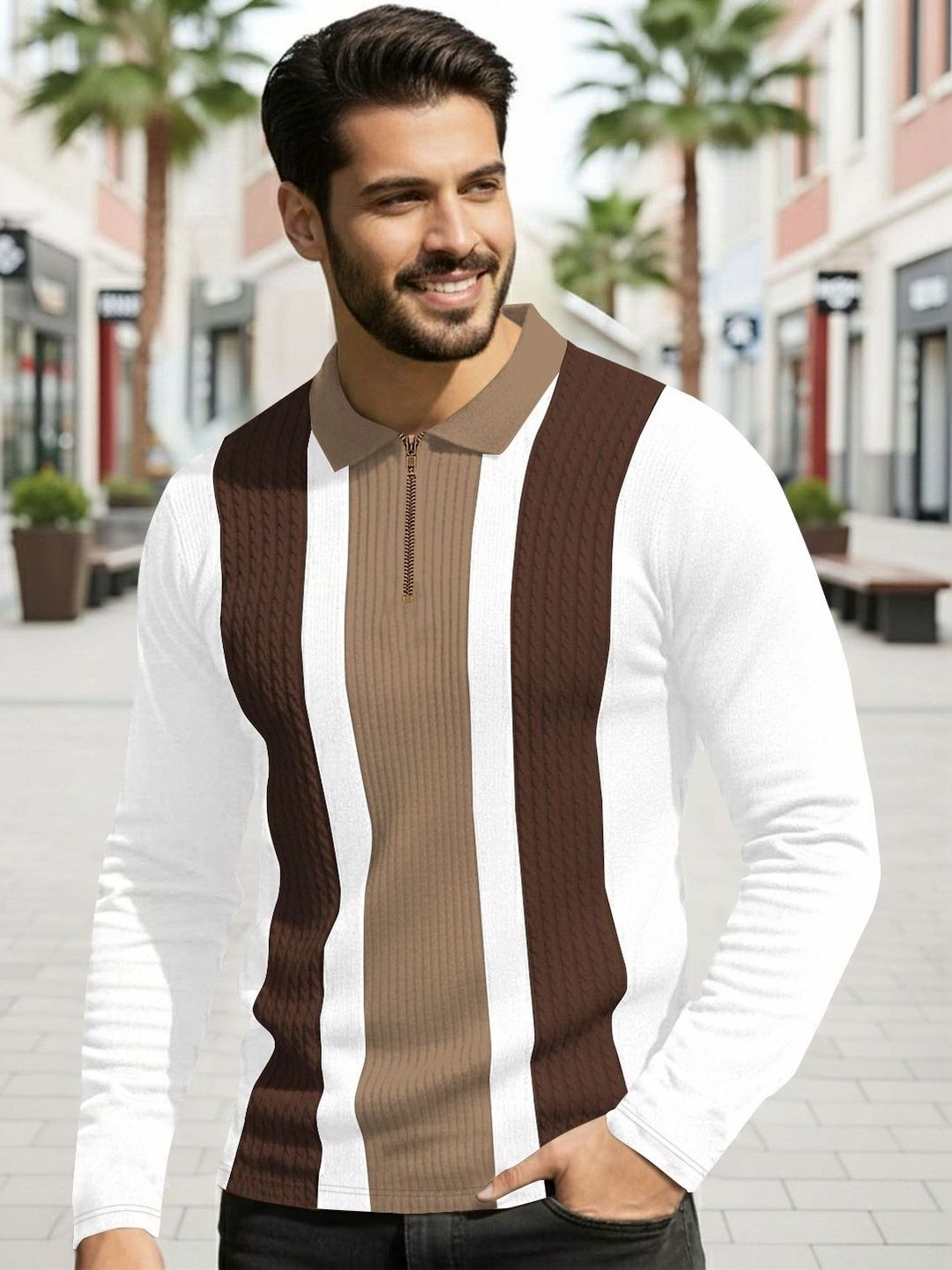 SZN Men Striped Polo Collar T-shirt-image-13