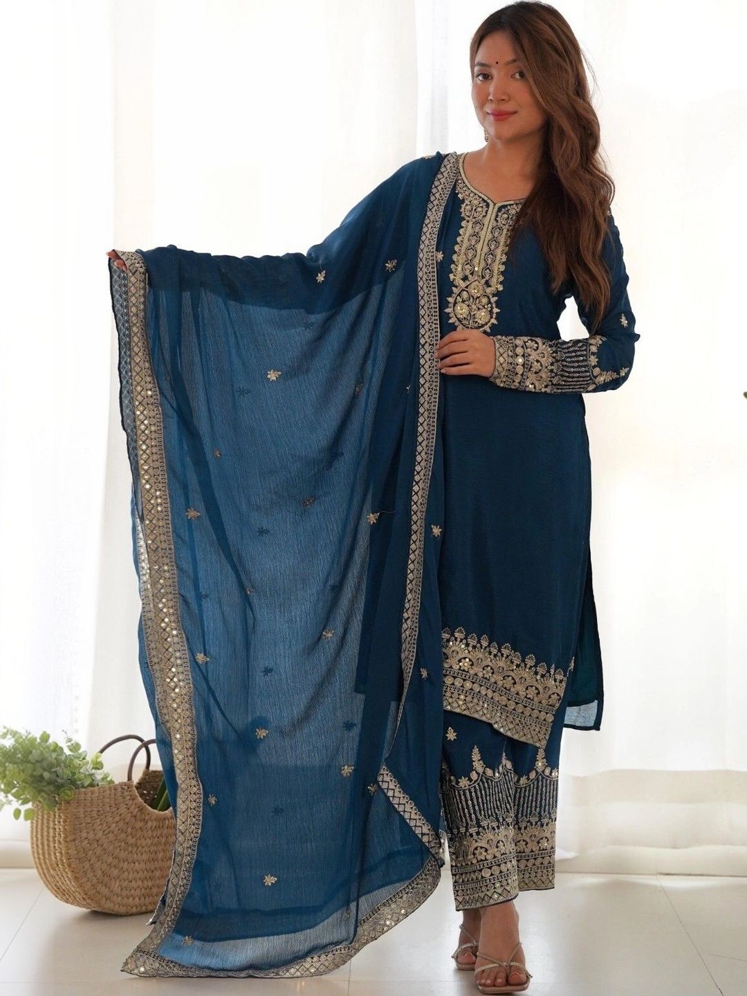 HERE&NOW Women Ethnic Motifs Embroidered Regular Kurta with Palazzos & With Dupatta-picture-47