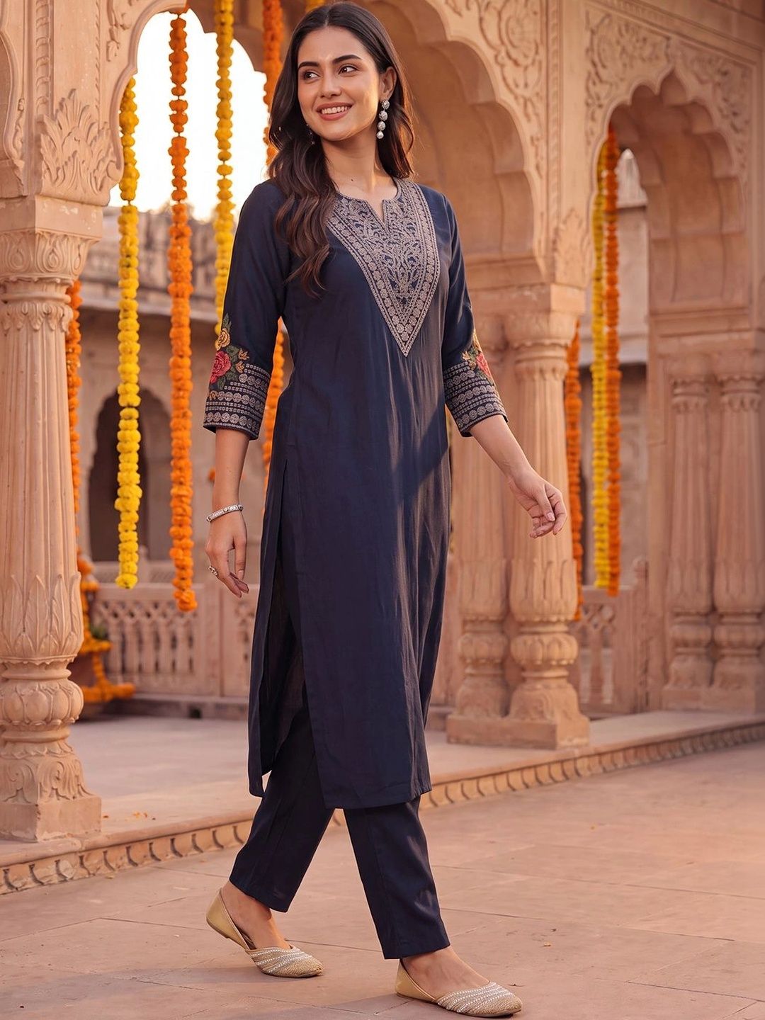 Indo Era Women Ethnic Motifs Embroidered Regular Thread Work Kurta with Trousers-picture-34