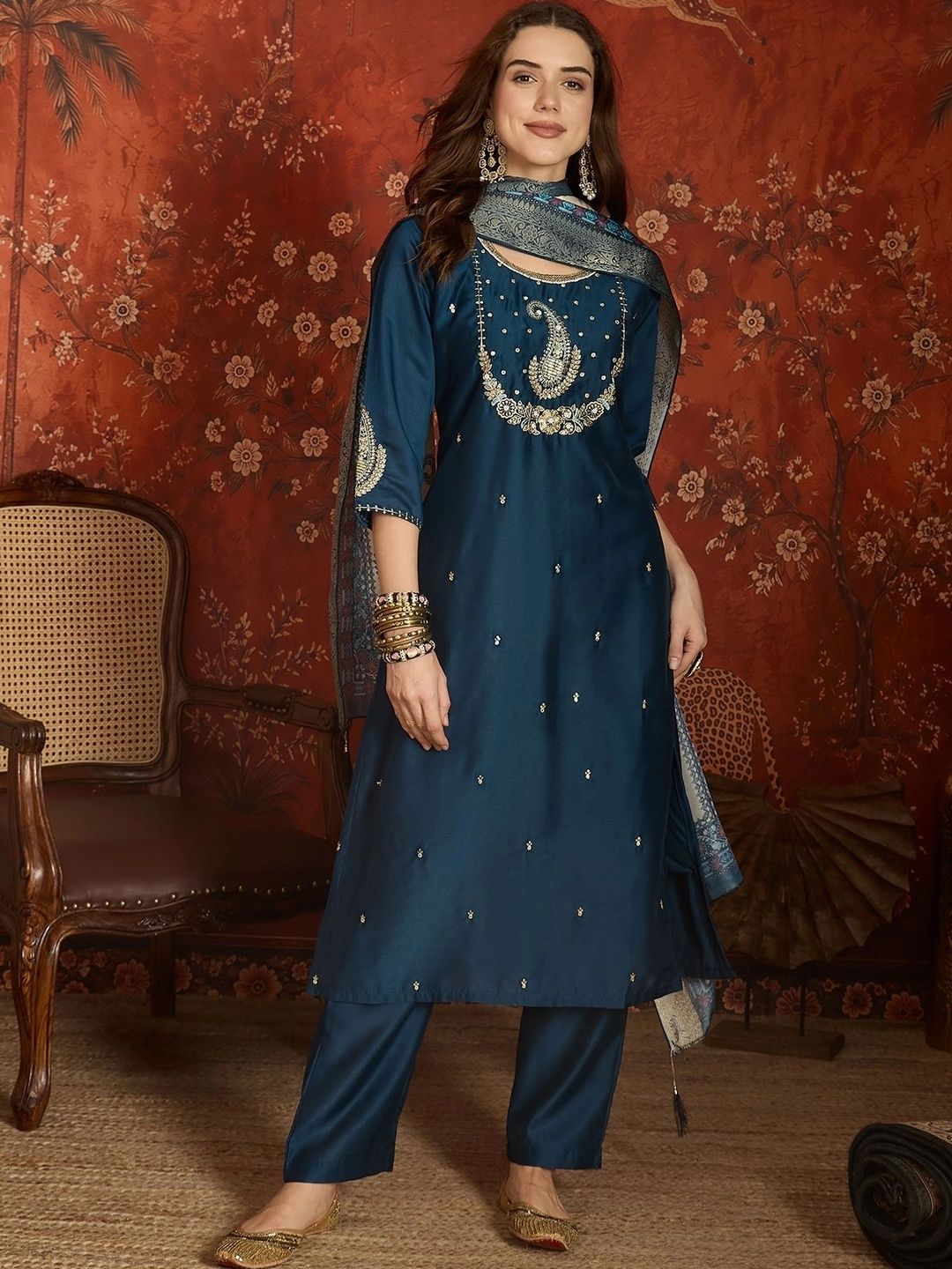 MANVAA Women Ethnic Motifs Embroidered Regular Linen Kurta with Trousers & With Dupatta-picture-41
