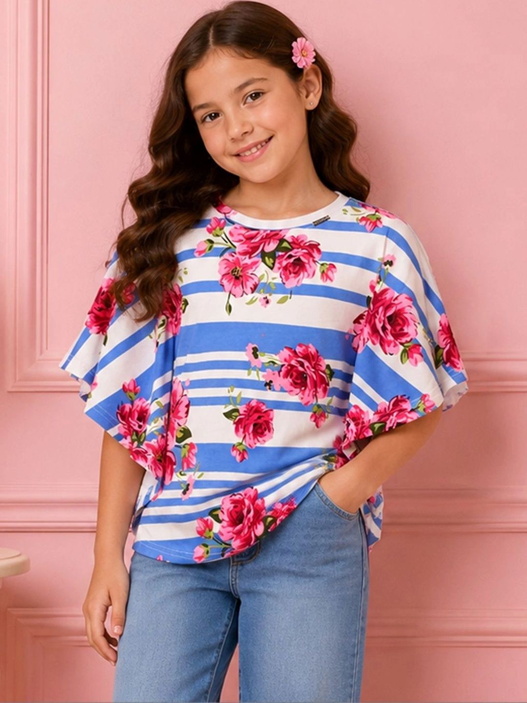 CUTECUMBER Floral Print Batwing Sleeve Cotton Blend Top-picture-38