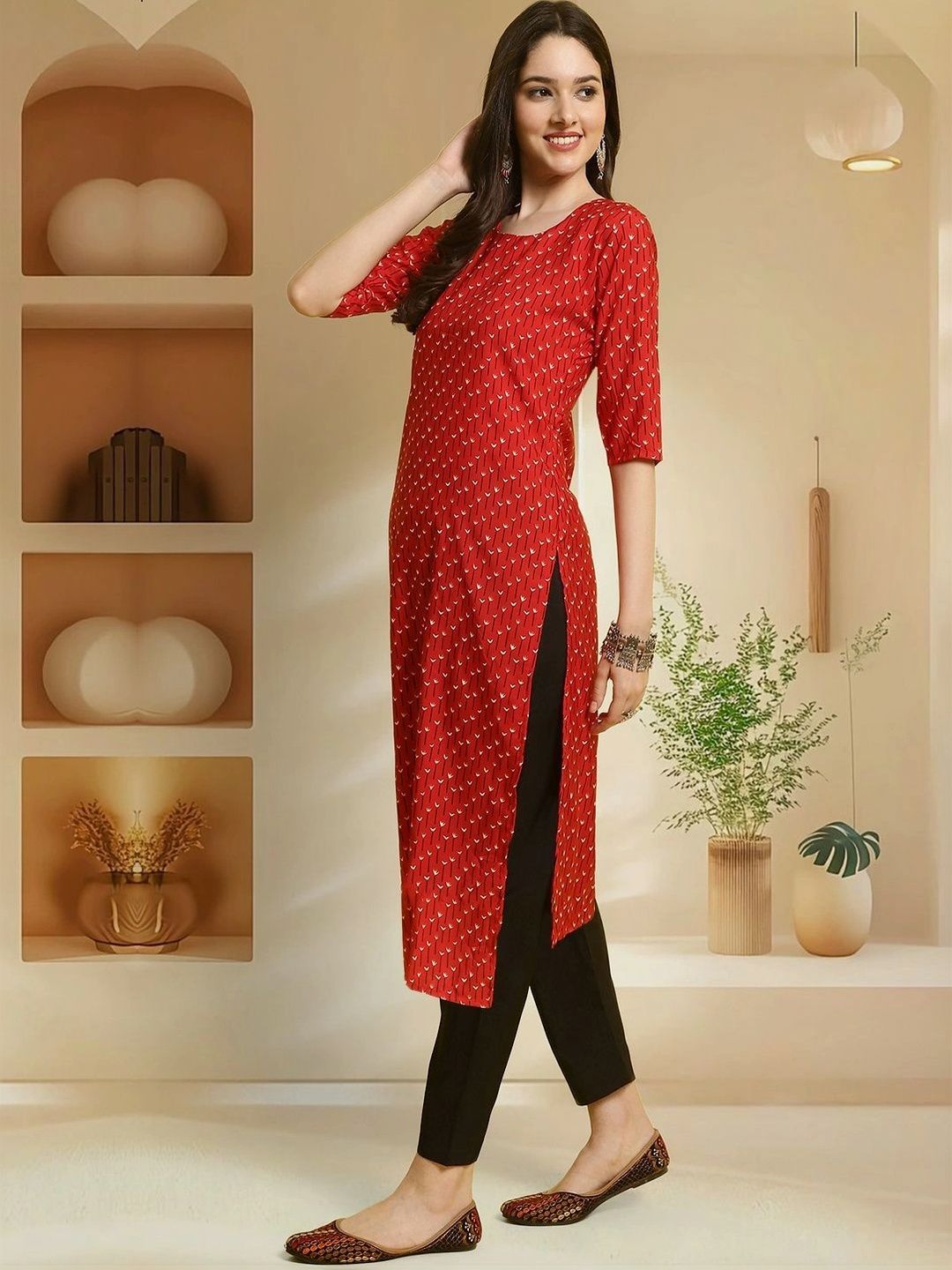 HERE&NOW Women Geometric Printed Crepe Kurta-picture-32