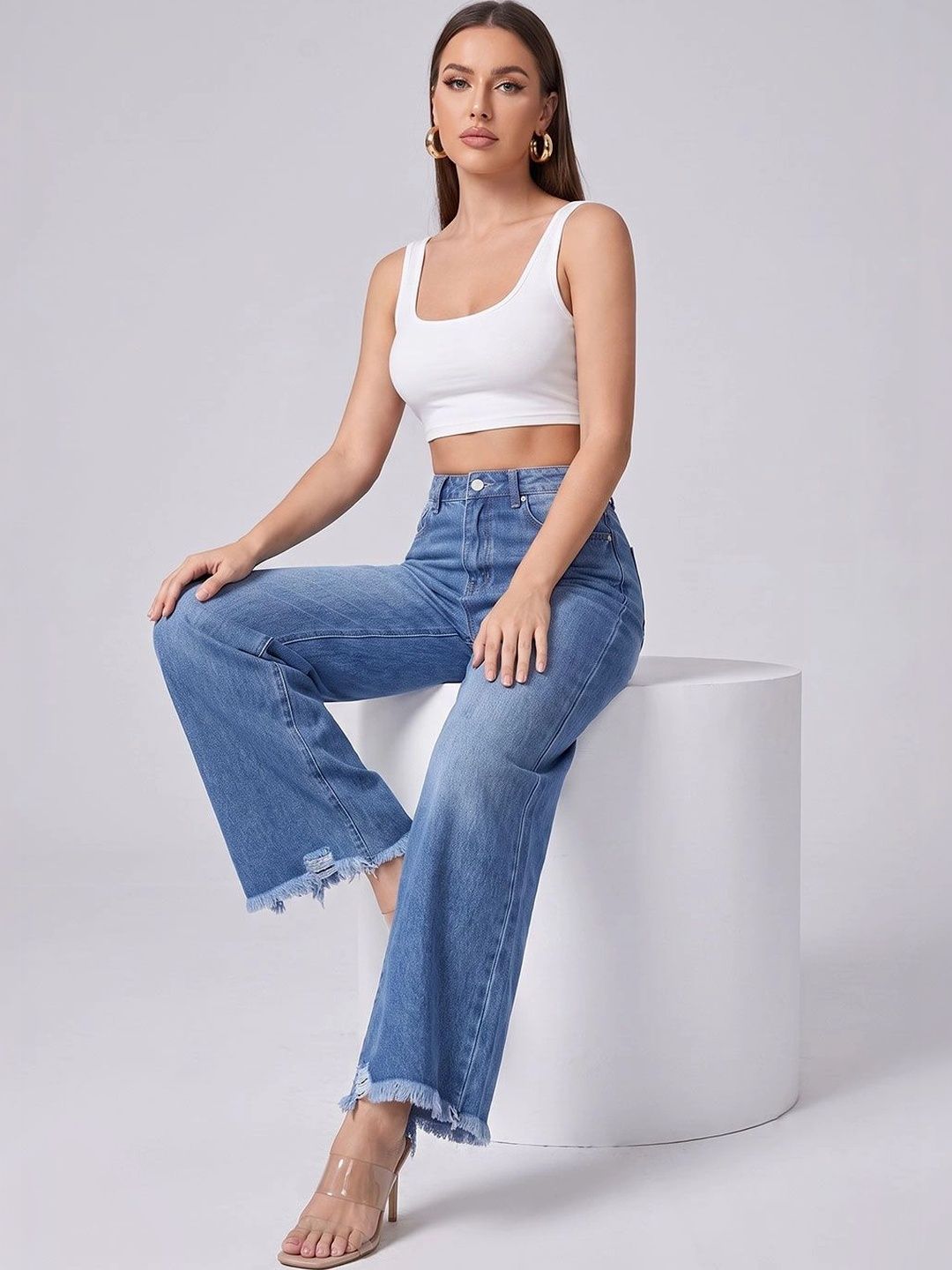 DressBerry Women Comfort Wide Leg High-Rise Low Distress Cuffed Hem Stretchable Jeans-picture-38
