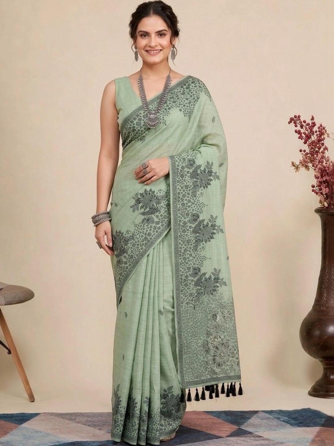 Anouk Floral Embroidered Pure Cotton Jamdani Saree-picture-27
