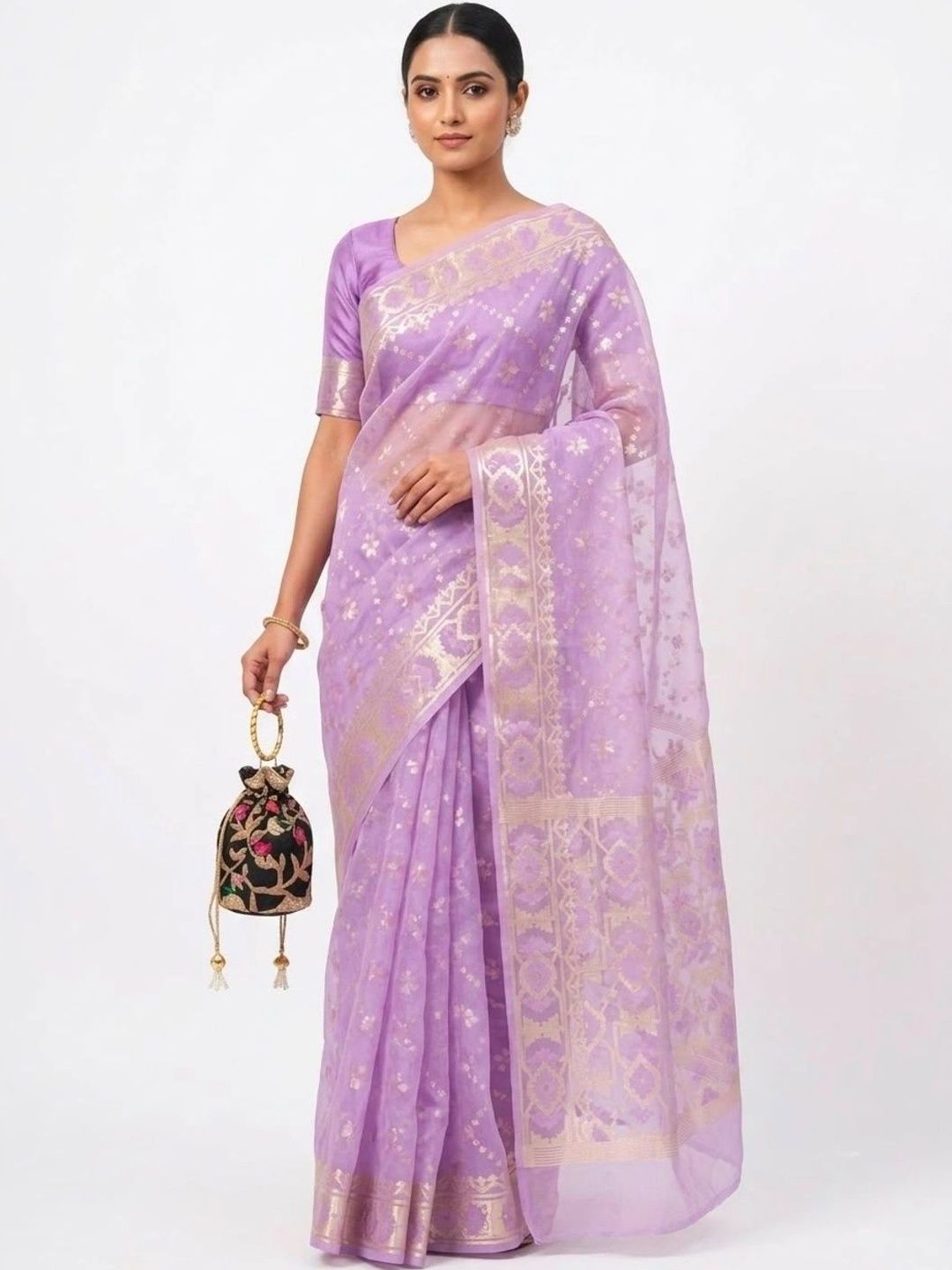 Heena Woven Design Zari Organza Jamdani Saree-image-9