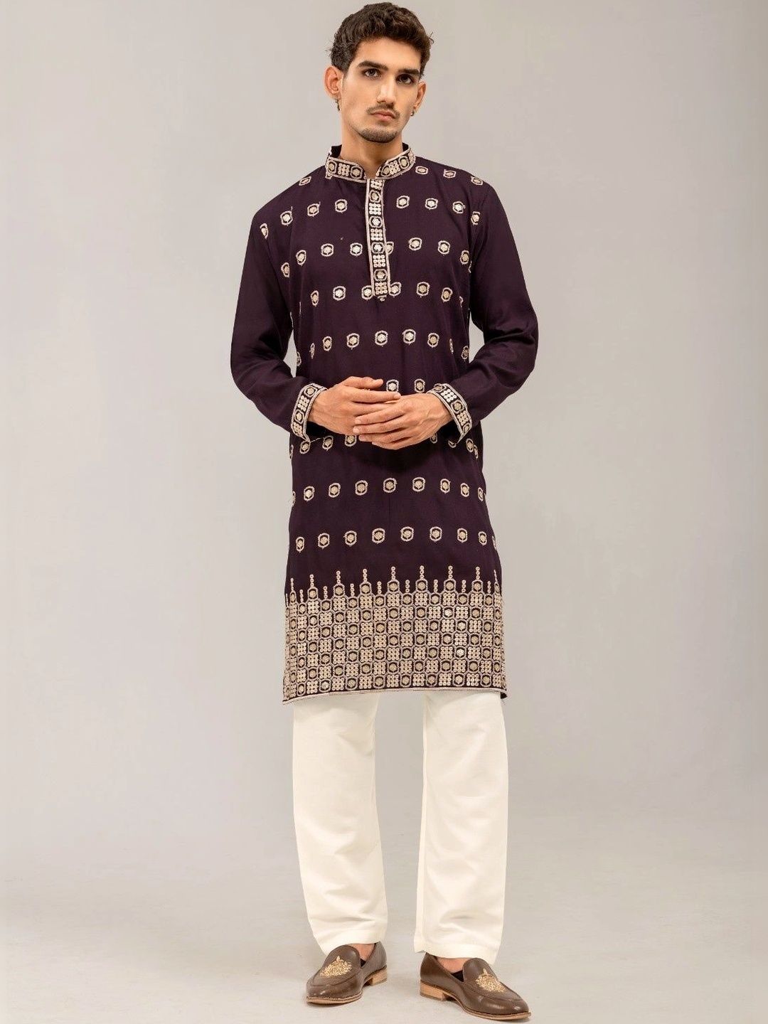 ADHIRAJAN Men Ethnic Motifs Embroidered Regular Thread Work Kurta with Trousers-picture-44