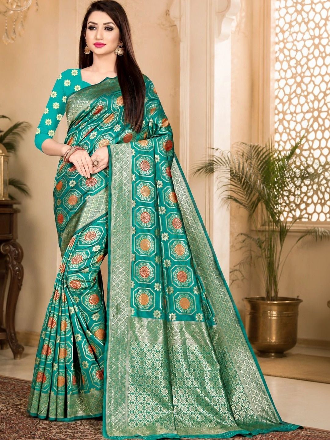C P VASTRALAY Checked Art Silk Fusion Banarasi Saree-picture-29