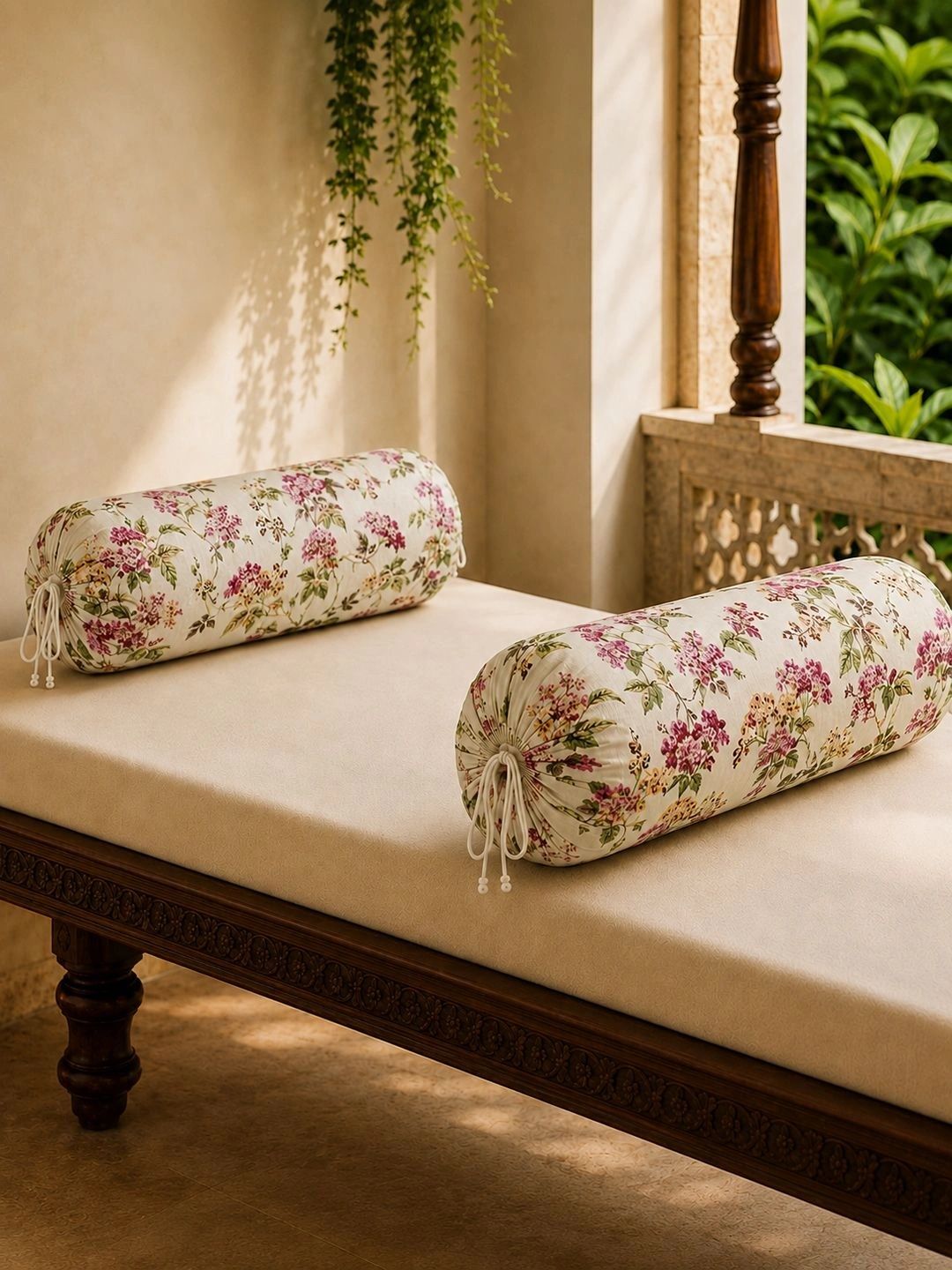 Aura 2-Pcs White & Green Printed Pure Cotton Bolster Covers-picture-55