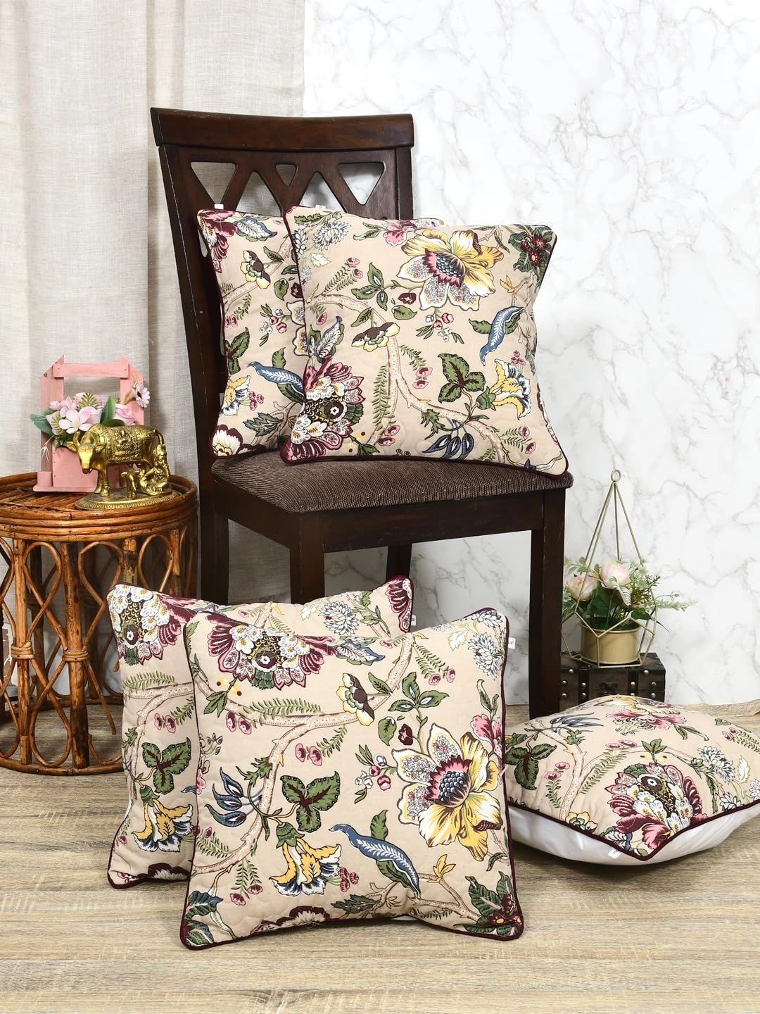 Aura Beige Set of 5 Floral Square Cushion Covers-image-47