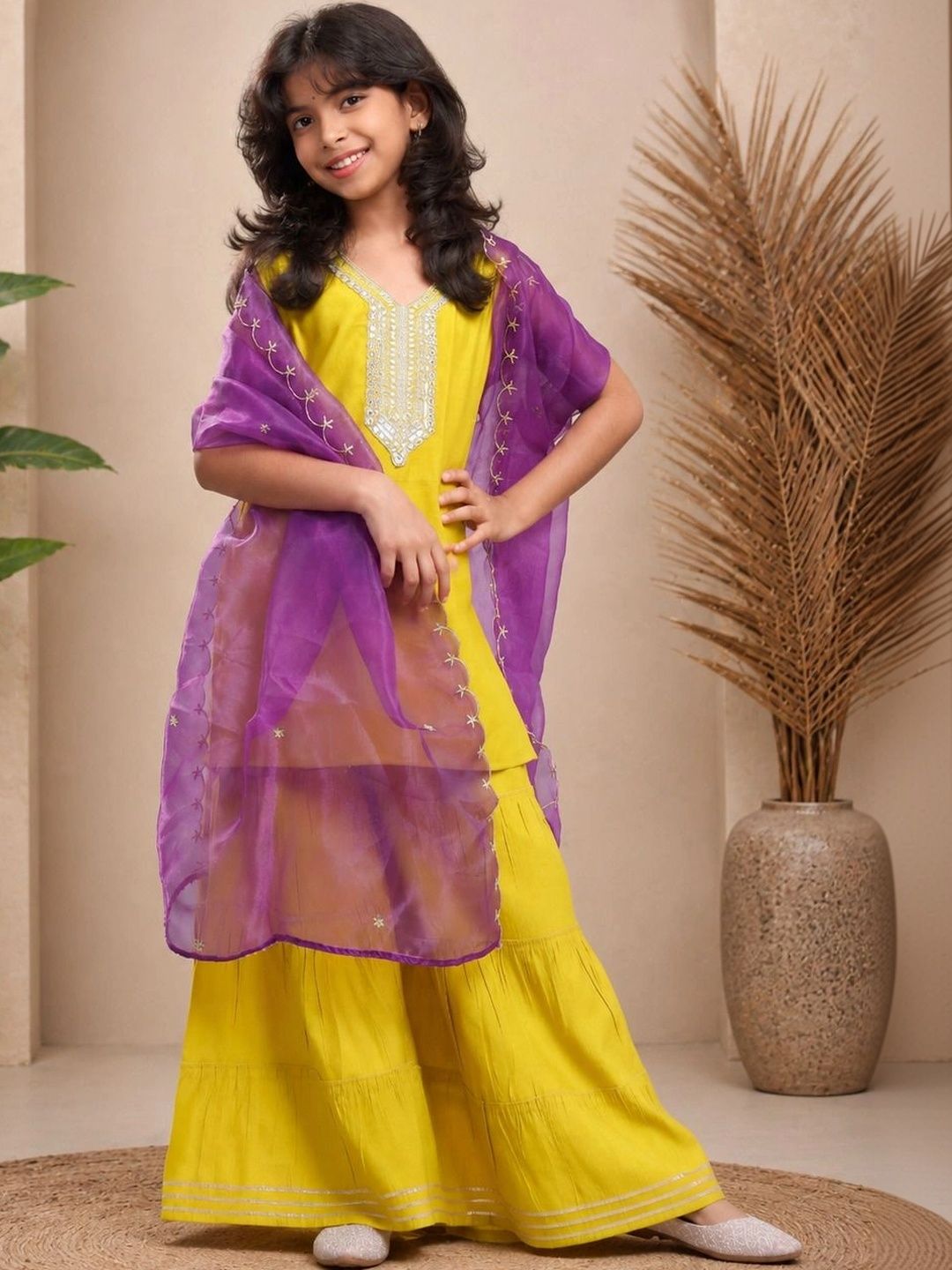 KALINI Girls Ethnic Motifs Embroidered Regular Pure Silk Kurta with Sharara & With Dupatta-picture-26