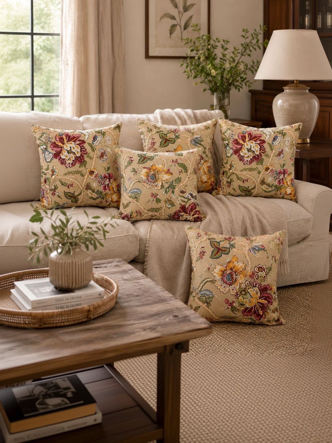 Aura Beige Set of 5 Floral Square Cushion Covers-picture-32