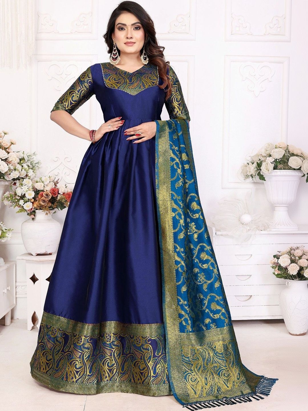 Kinjhit Fashion Woven Design V-Neck Gown Ethnic Dresses With Dupatta-picture-41