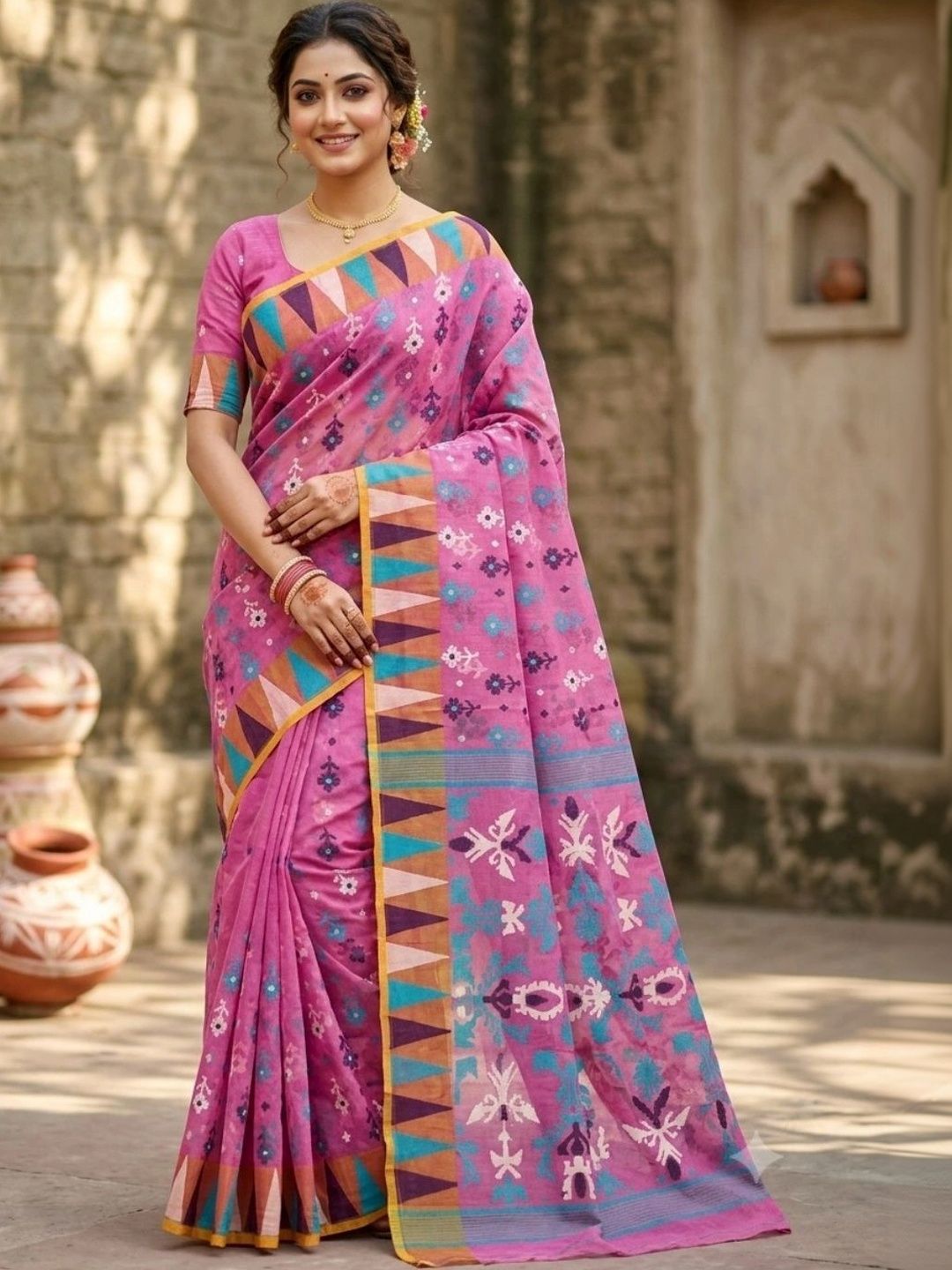 Angosree Woven Design Embroidered Silk Cotton Handloom Jamdani Saree-image-15