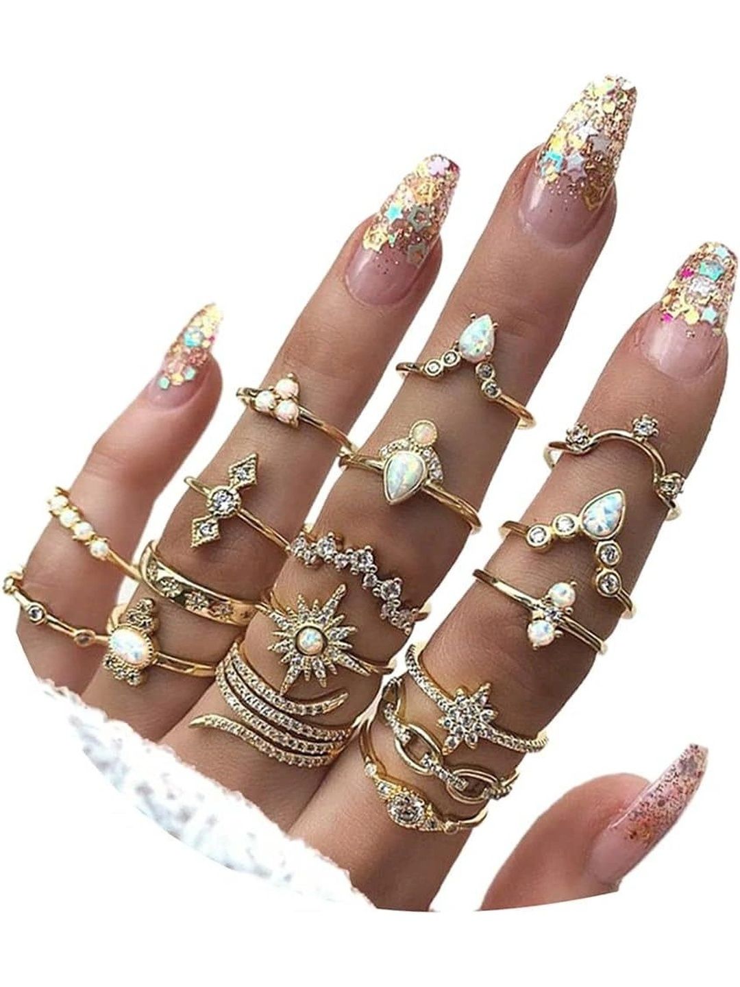 Zaphariq Women Set of 17 Gold-Plated Cubic Zirconia Finger Ring-picture-1