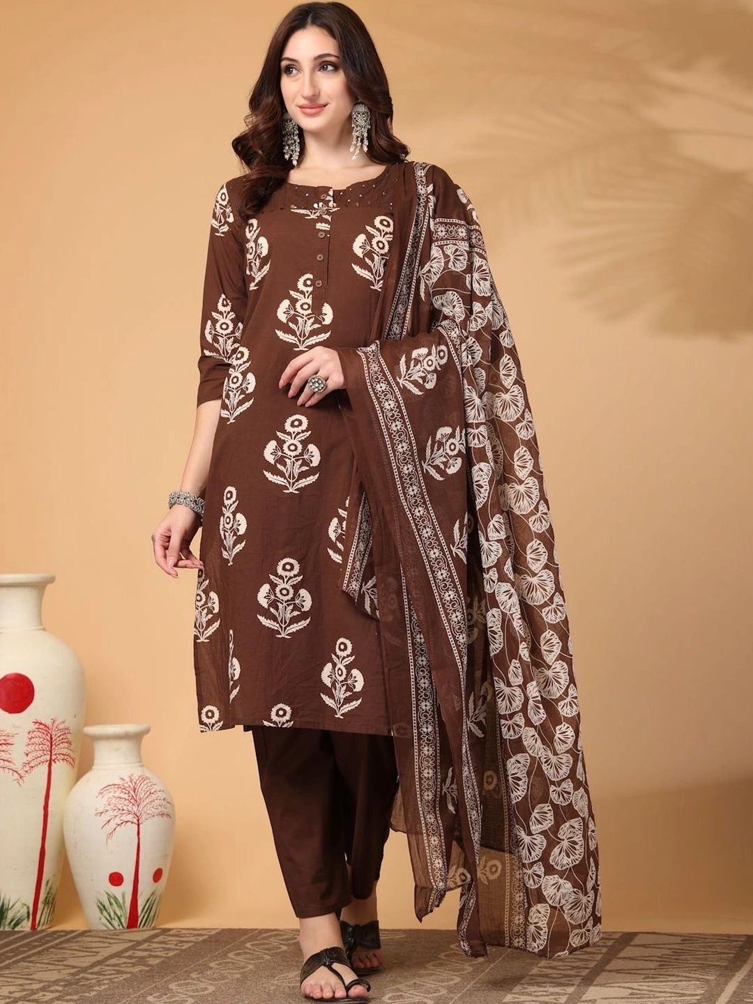 Lotus Loom Women Floral Printed Regular Pure Cotton Kurta with Trousers & With Dupatta-picture-36