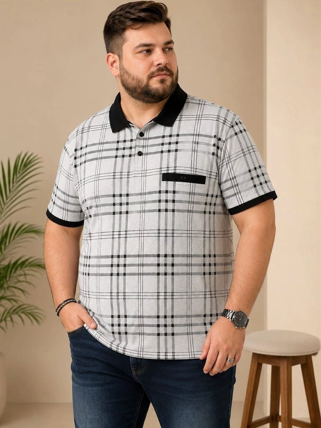 AUSTIVO Men Checked Polo Collar Pockets T-shirt-picture-6