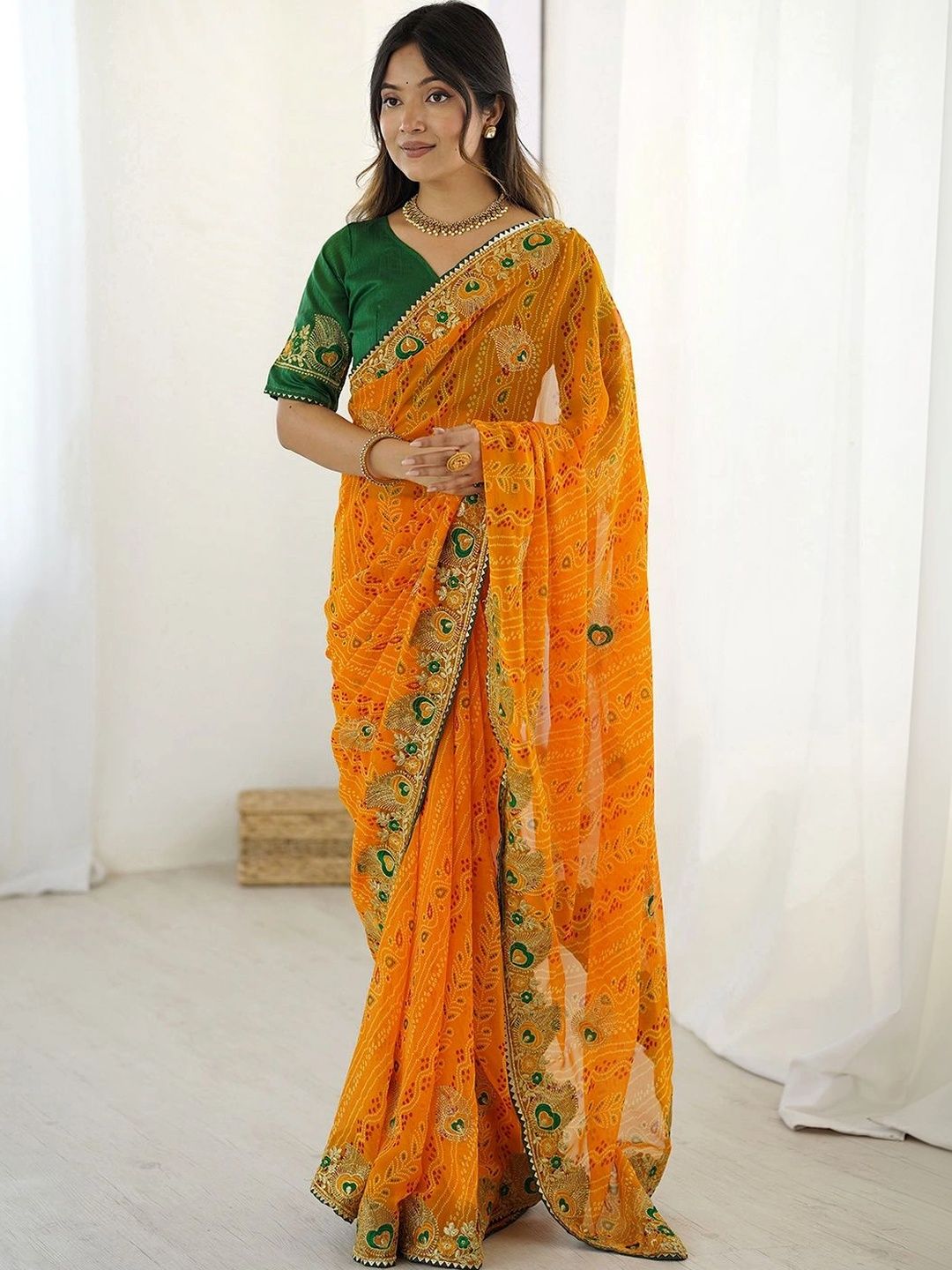 SAARA Leheriya Embroidered Pure Georgette Saree-image-12