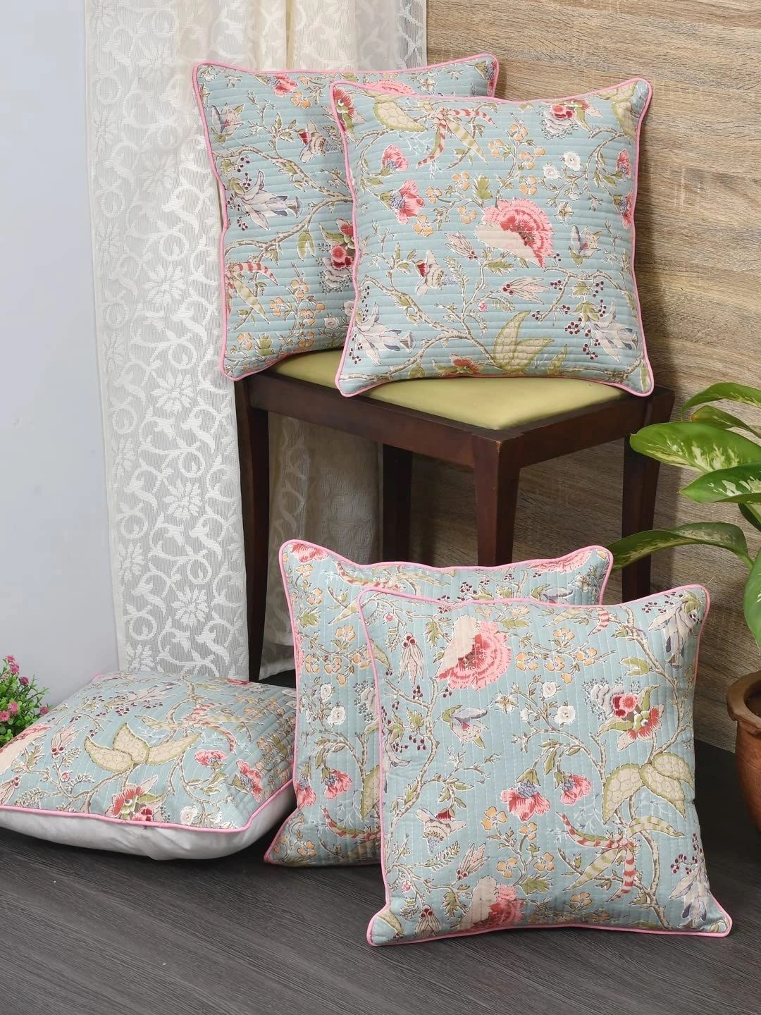 Aura Green & White Set of 5 Floral Square Cushion Covers-picture-41