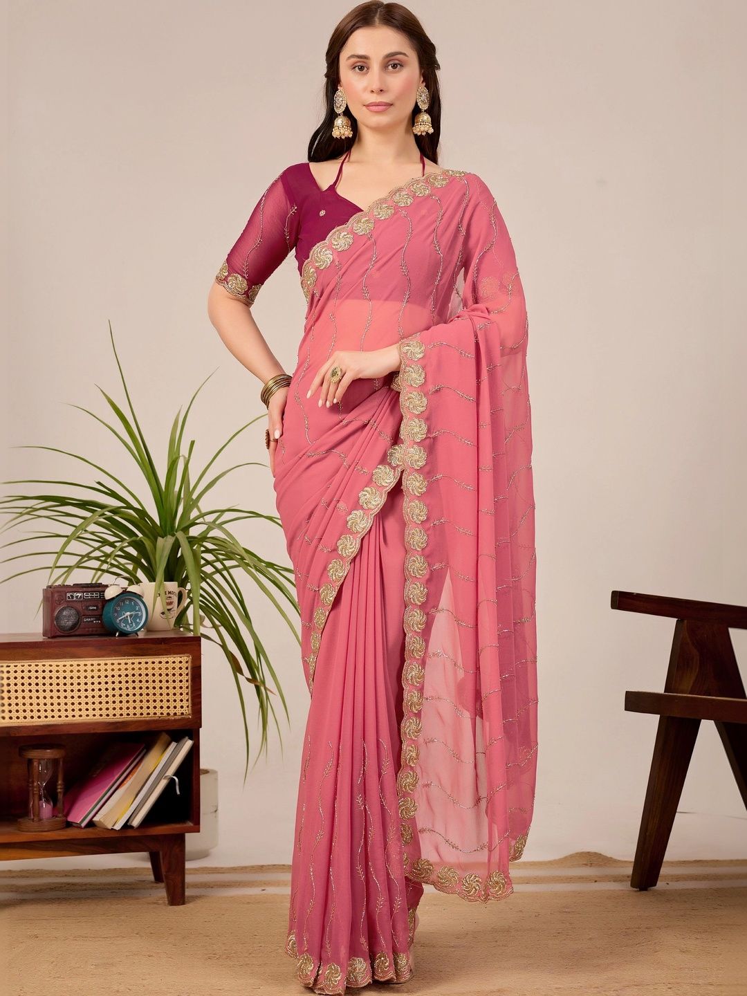all about you Floral Embroidered Poly Georgette Designer Saree-picture-8