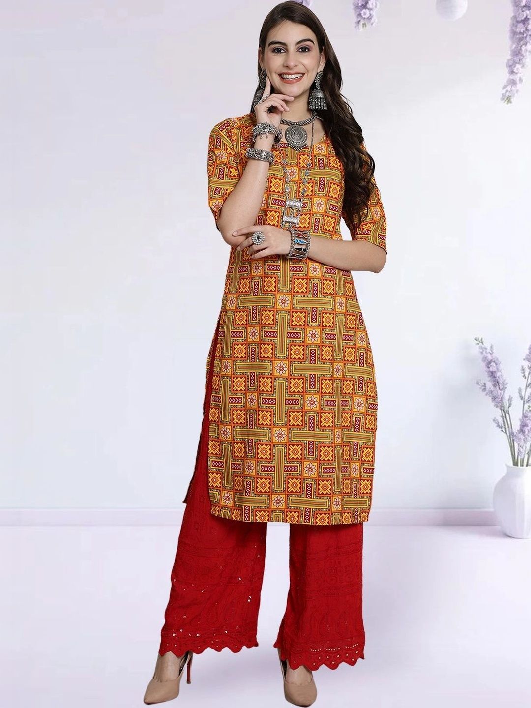 HERE&NOW Women Ethnic Motifs Printed Indie Prints Crepe Kurta-picture-32