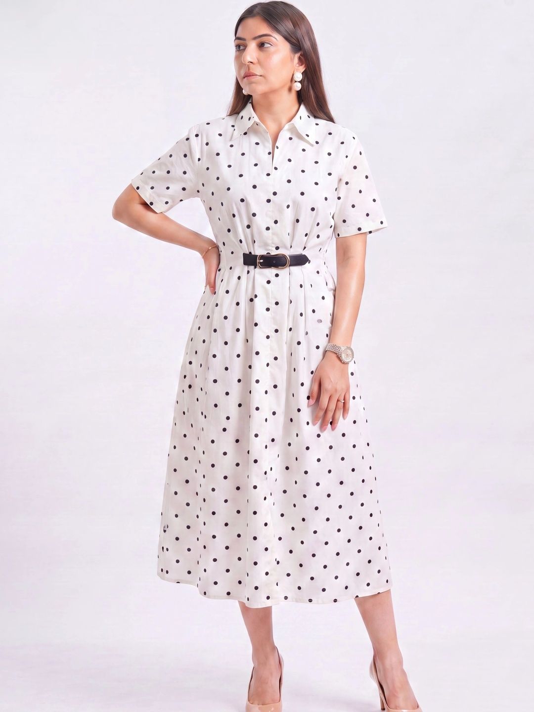 TBFO Polka Dot Print Shirt Midi Dress-image-5