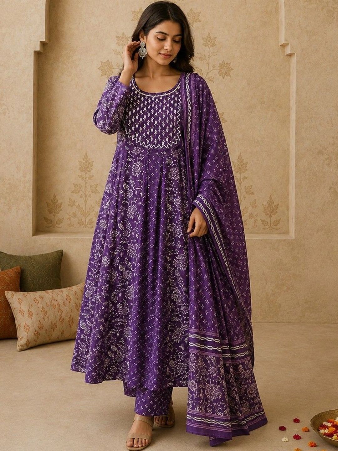 Anouk Mirage Women Ethnic Motifs Printed Regular Thread Work Pure Cotton Kurta with Trousers & With Dupatta-picture-14