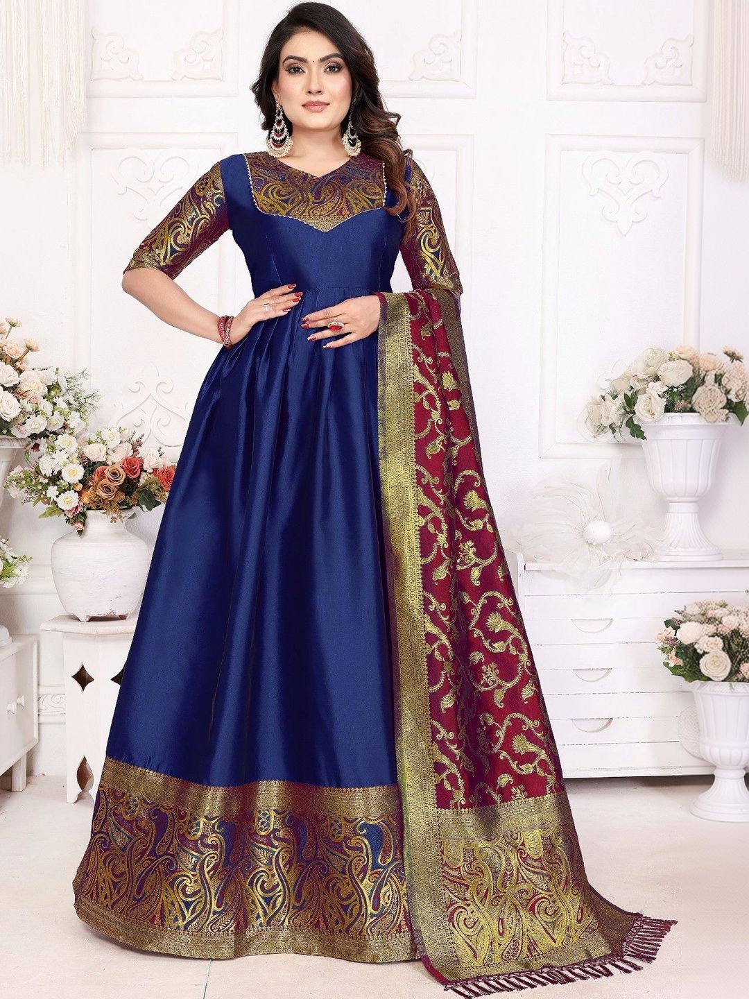 Kinjhit Fashion Woven Design V-Neck Gown Ethnic Dresses With Dupatta-image-35