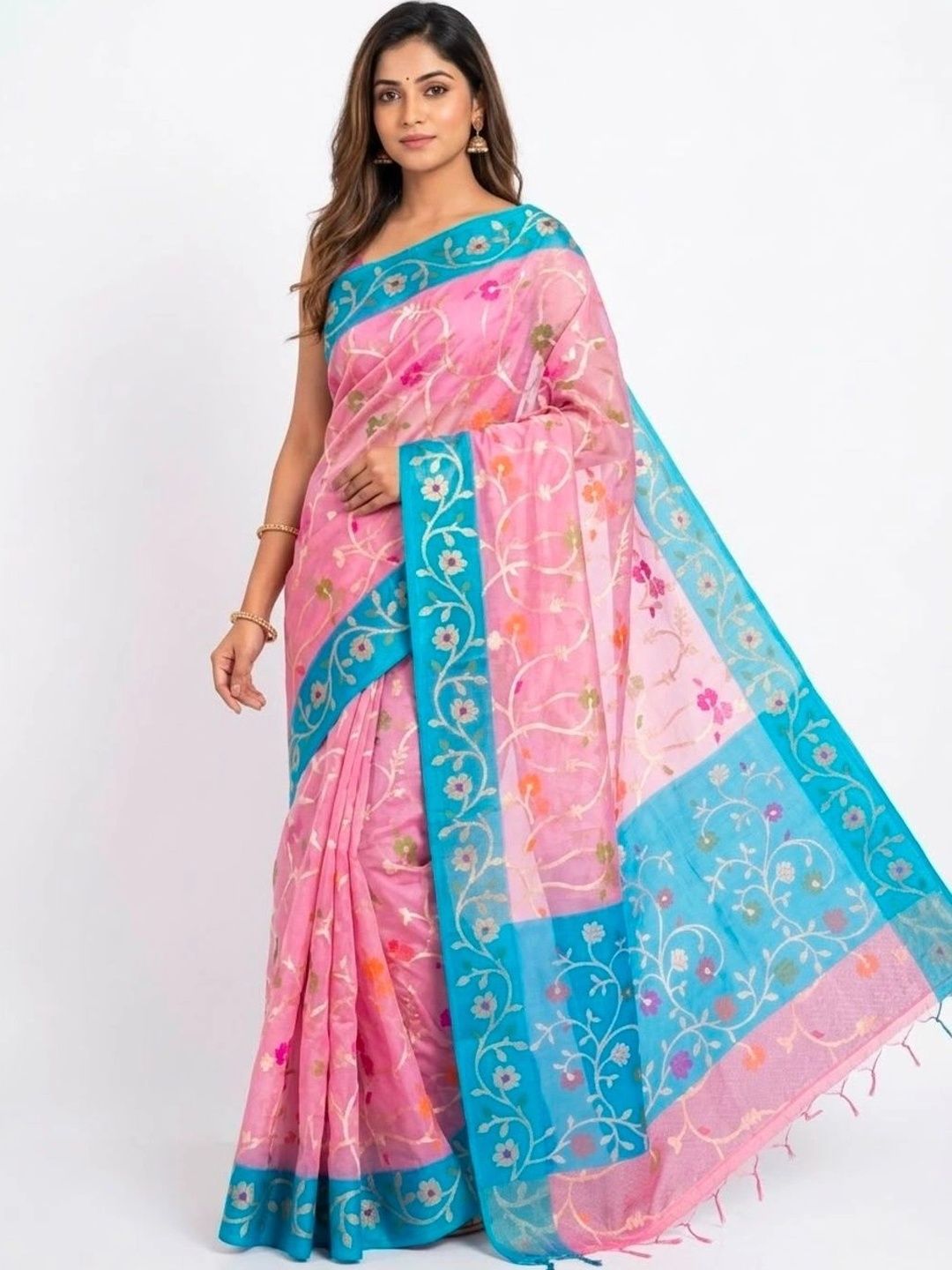 Heena Floral Zari Organza Jamdani Saree-picture-2