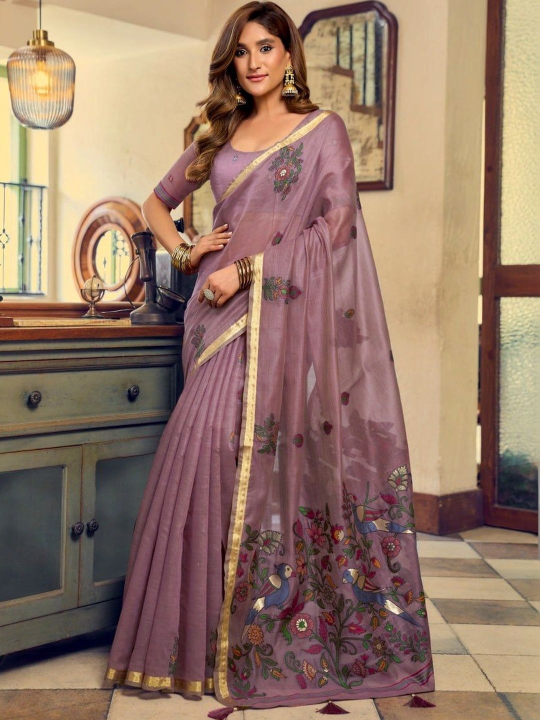 GREEN PEARS Ethnic Motifs Embroidered Silk Blend Designer Kanjeevaram Saree-picture-31
