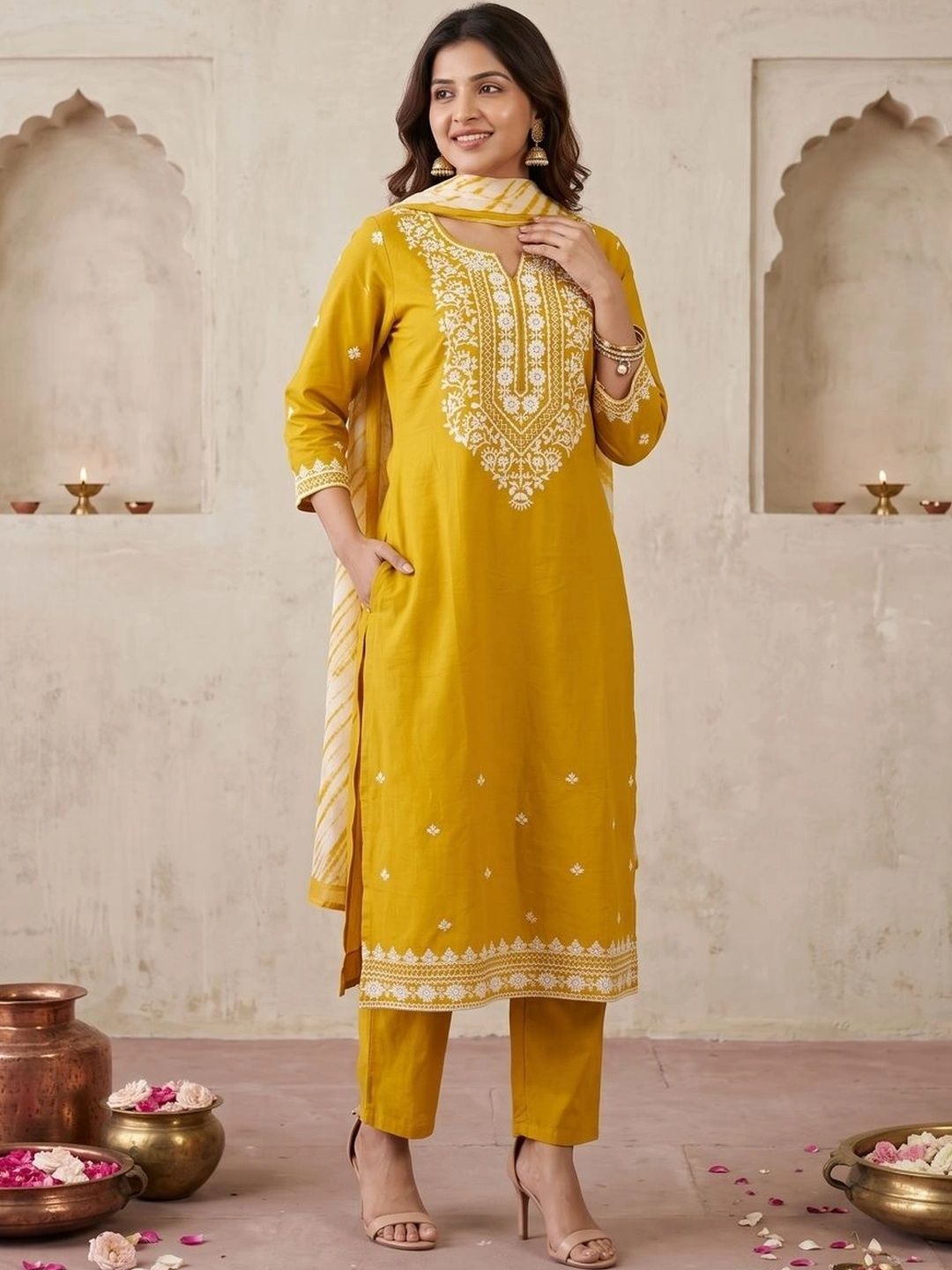 Anouk Women Ethnic Motifs Embroidered Regular Thread Work Pure Cotton Kurta with Trousers & With Dupatta-image-2