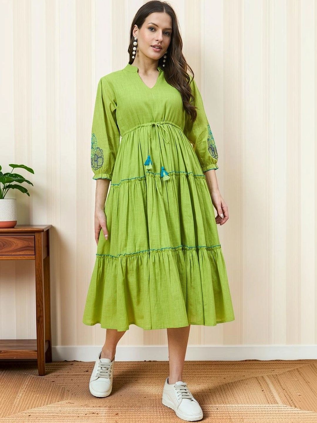 Azira Embroidered Pure Cotton Tiered Fit & Flare Midi Dress-picture-3