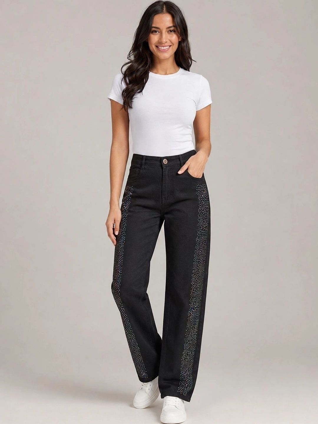GENZILOOKS Women Comfort Wide Leg High-Rise Embellished Stretchable Jeans-picture-19
