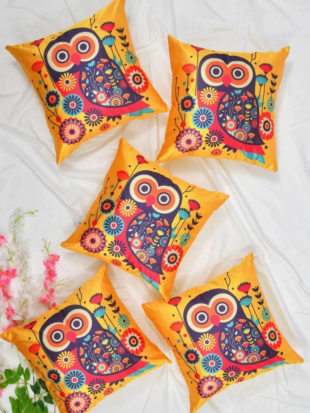 Aura Yellow & Multicoloured Set of 5 Square Cushion Covers-image-2