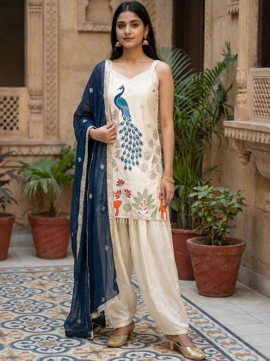 HERE&NOW Women Ethnic Motifs Embroidered Regular Thread Work Silk Crepe Kurta with Patiala & With Dupatta-picture-28