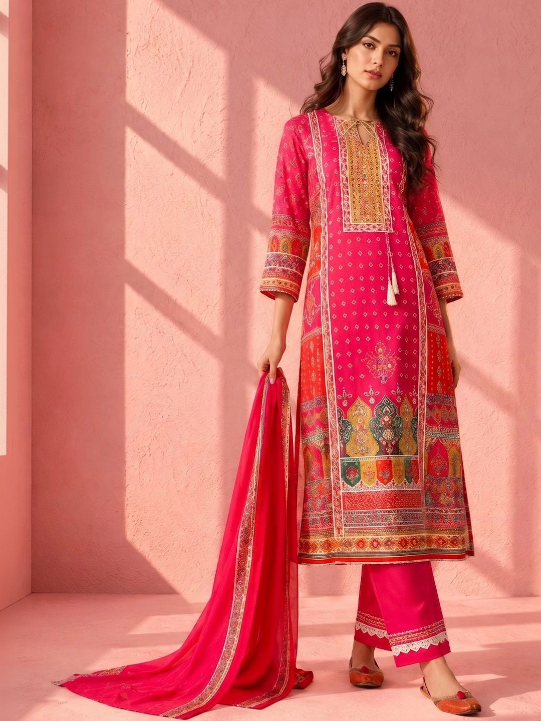 Anouk Women Ethnic Motifs Printed Regular Chanderi Silk Kurta with Trousers & With Dupatta-image-7