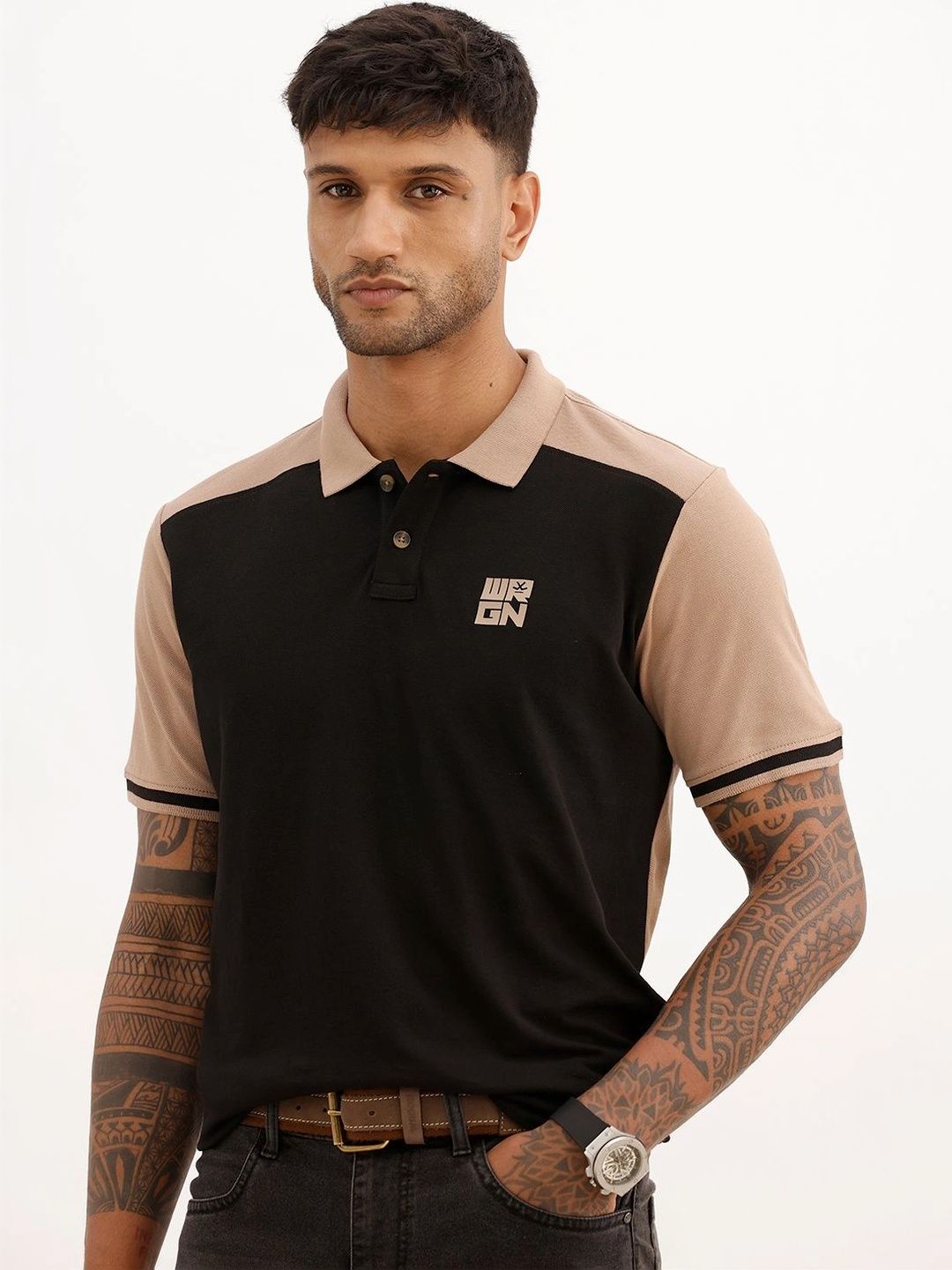 WROGN Men Brand Logo Colourblocked Polo Collar Slim Fit T-shirt-picture-15