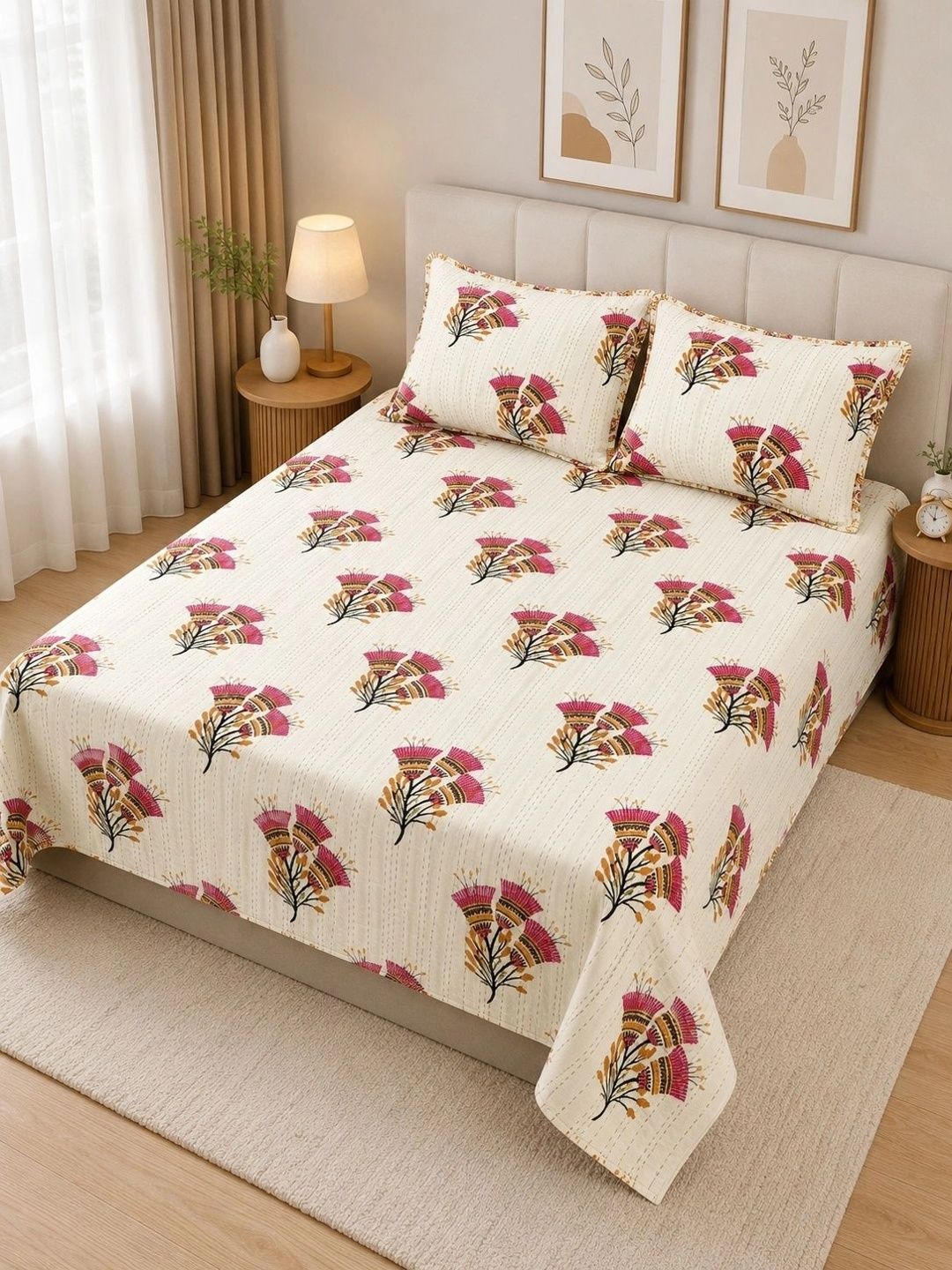 DecorGlobe Multicoloured & White Floral 144 TC King Bedsheet with 2 Pillow Covers-picture-30