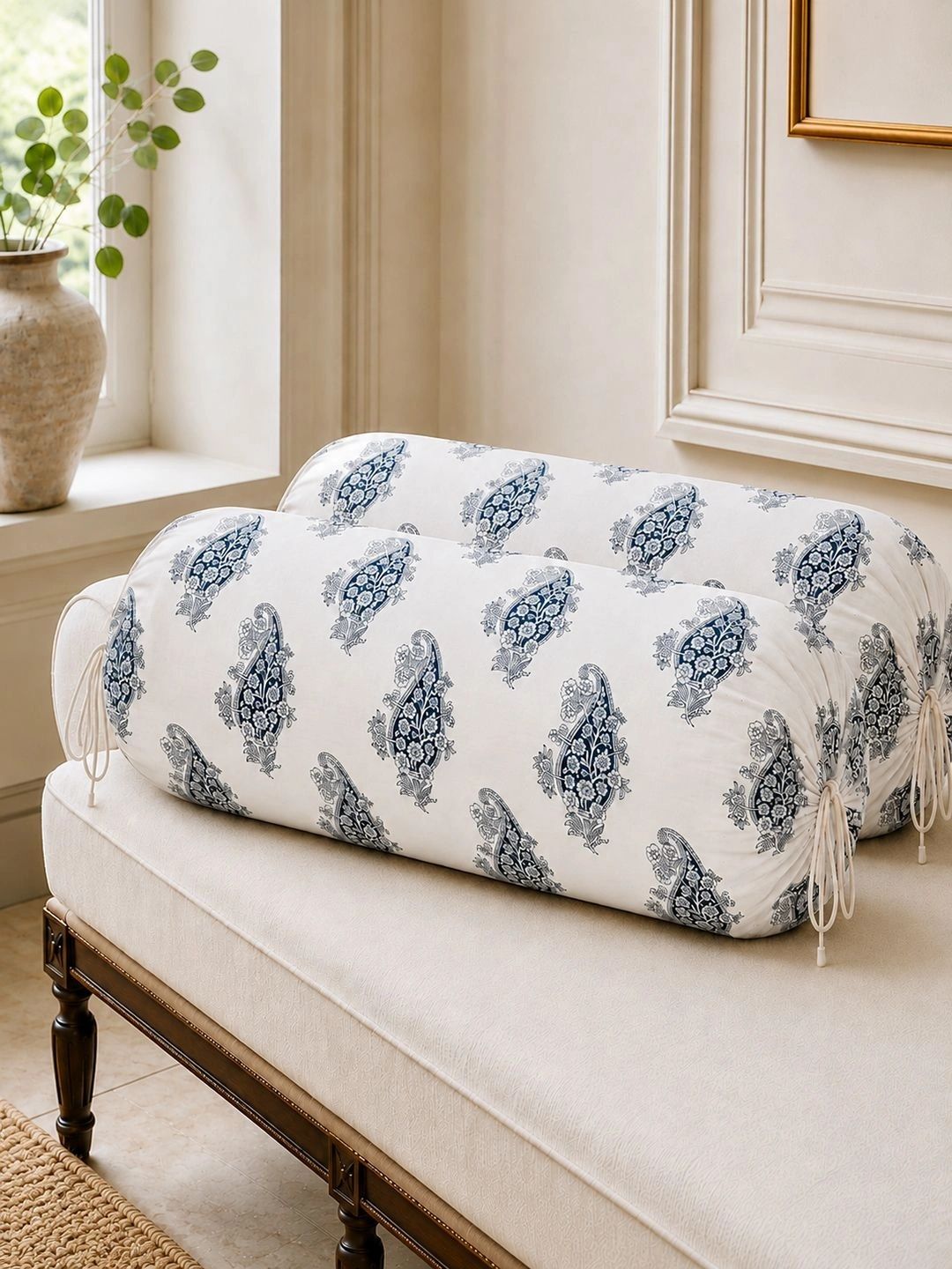 Aura 2-Pcs White & Navy Blue Printed Pure Cotton Bolster Covers-picture-49
