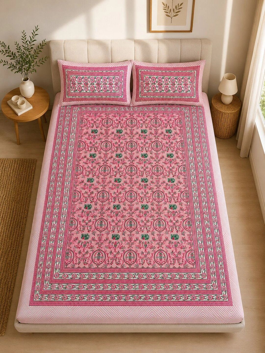 Croff Pink & White Ethnic Motifs King Bedsheet with 2 Pillow Covers-picture-11