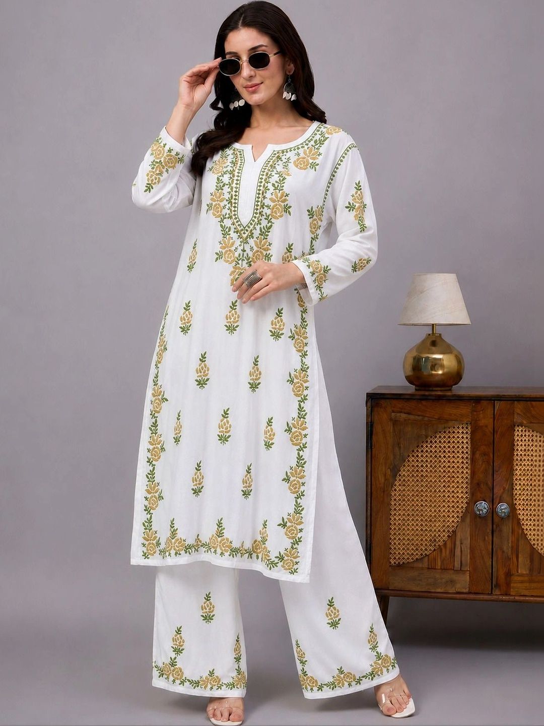 The Chikan Label Women Floral Embroidered Regular Chikankari Kurta with Palazzos-image-20