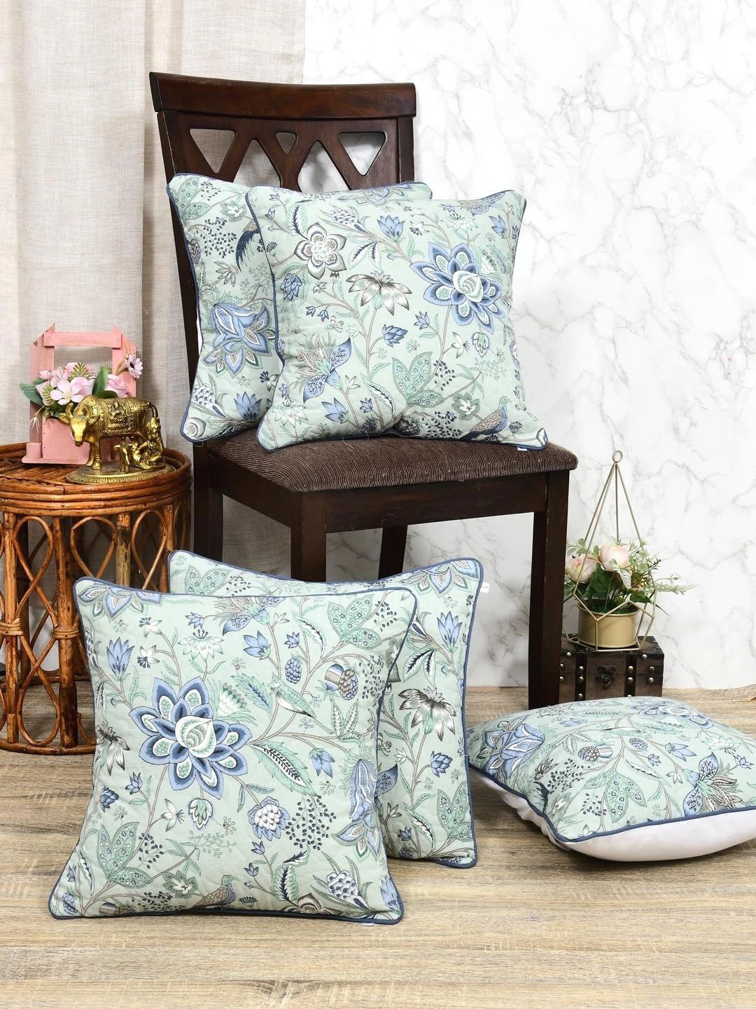Aura White & Green Set of 5 Floral Square Cushion Covers-picture-28