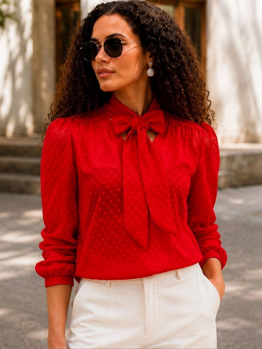 GROOVY ANGEL Tie-Up Neck Puff Sleeve Top-picture-22