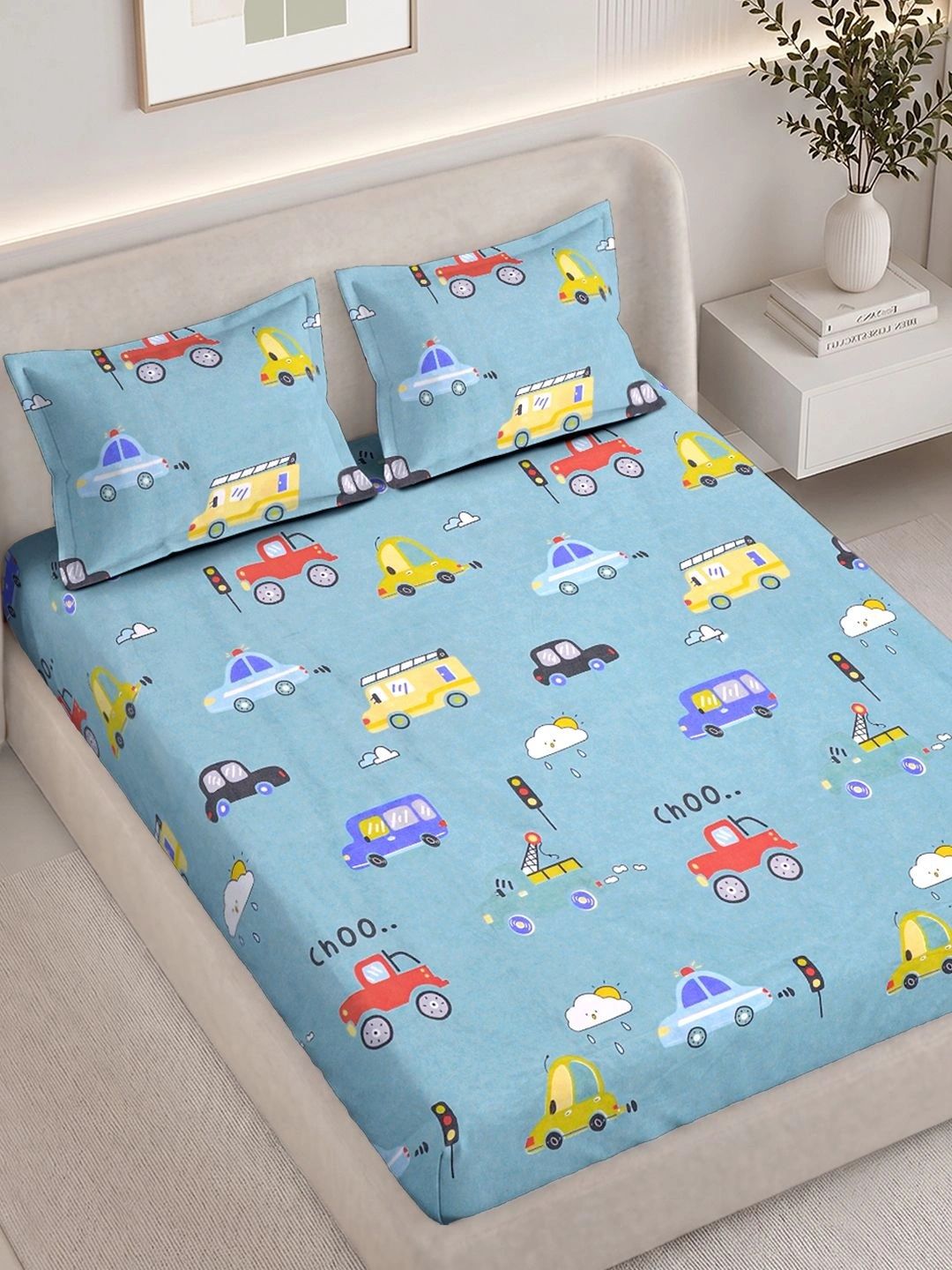 FABINALIV Blue & Red Cartoon Characters 300 TC King Bedsheet with 2 Pillow Covers-picture-56