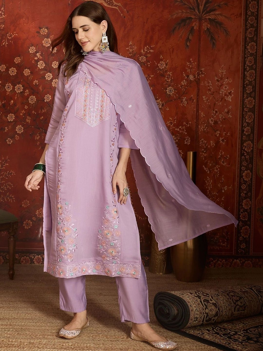 MANVAA Women Floral Embroidered Regular Thread Work Chanderi Cotton Kurta with Trousers & With Dupatta-picture-44