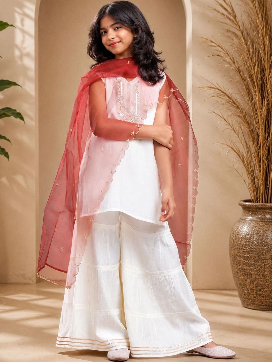 KALINI Girls Ethnic Motifs Embroidered Regular Thread Work Pure Silk Kurta with Sharara & With Dupatta-picture-31