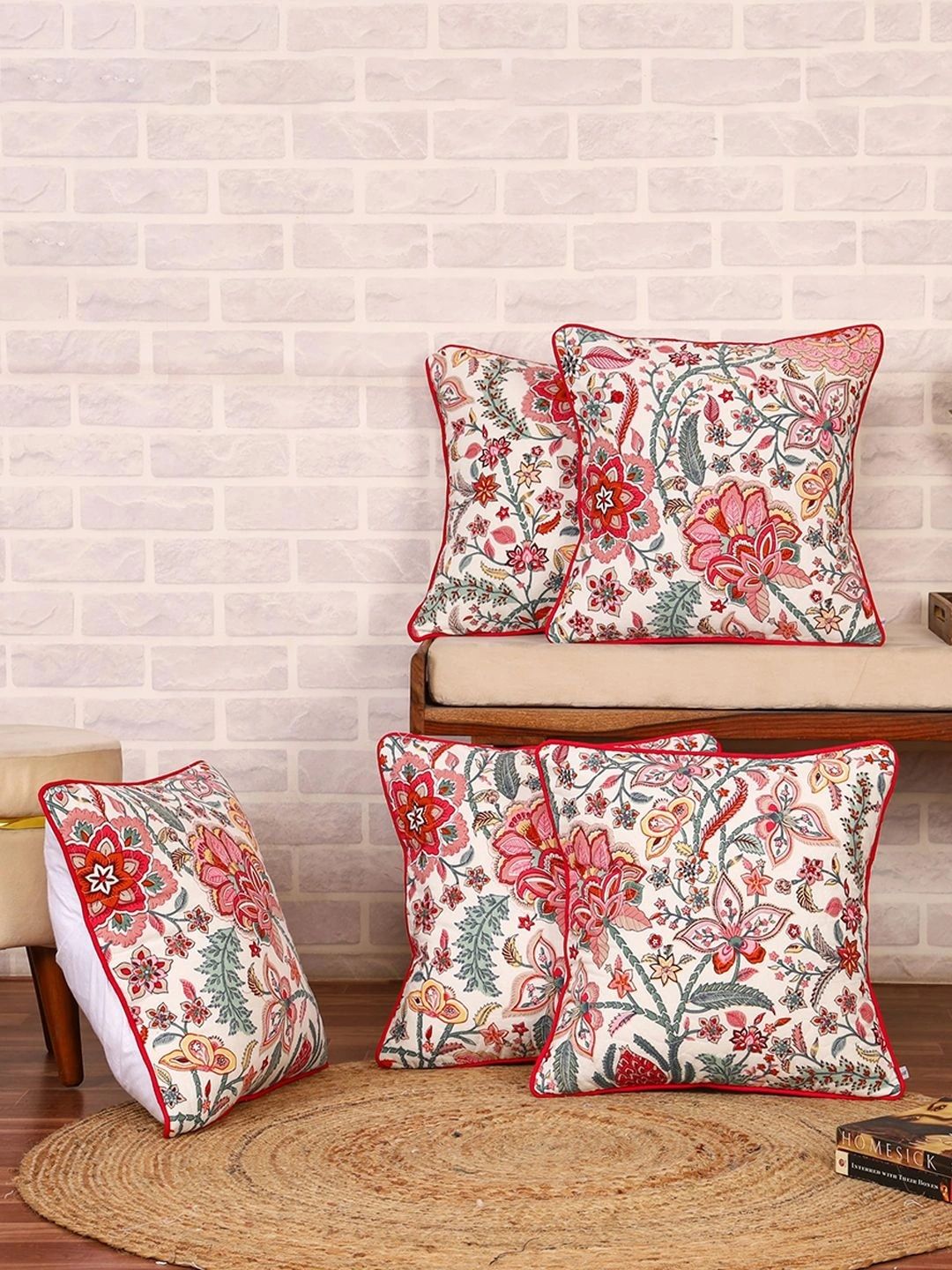 Aura White & Multicoloured Set of 5 Floral Square Cushion Covers-picture-8