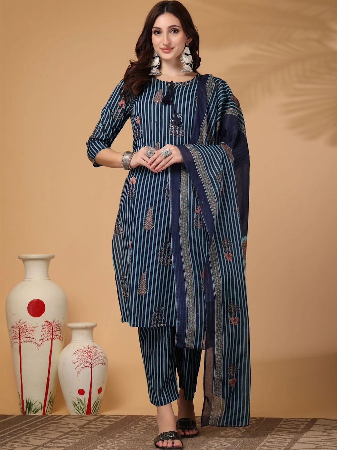 Lotus Loom Women Floral Printed Regular Thread Work Pure Cotton Kurta with Trousers & With Dupatta-picture-45