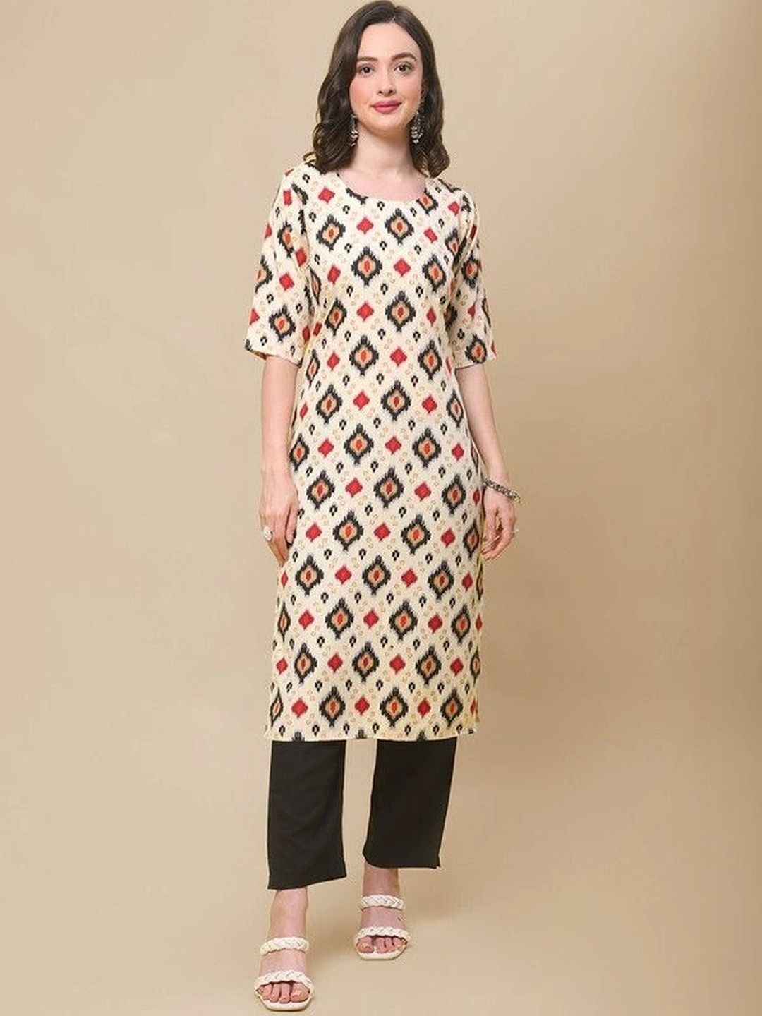 HERE&NOW Women Geometric Printed Crepe Kurta-picture-14